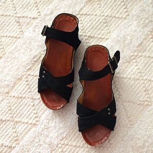 BLACK Suede like leather Platform Wedge Sandals 7